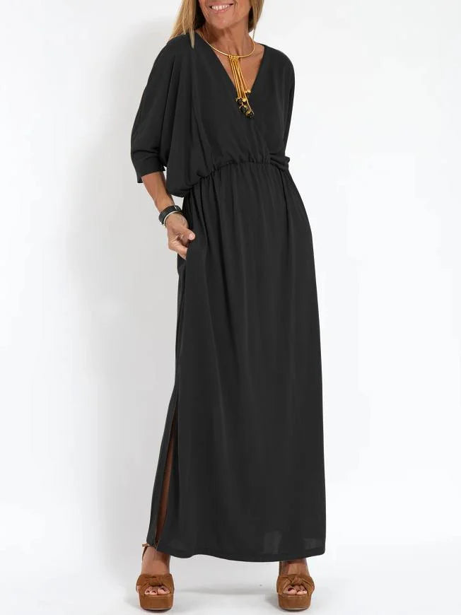 Lässiges, einfarbiges Damenkleid mit V-Ausschnitt und Schlitz