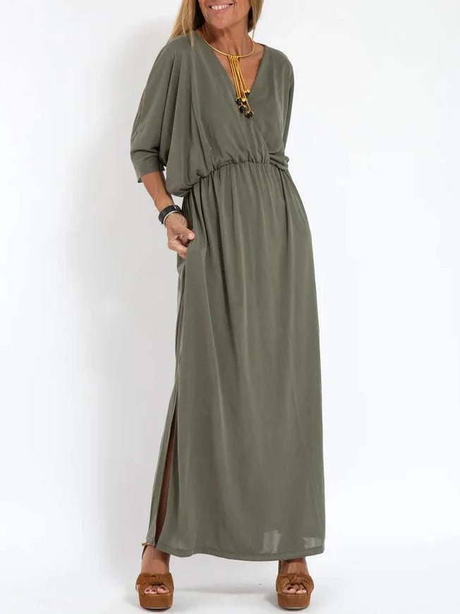 Lässiges, einfarbiges Damenkleid mit V-Ausschnitt und Schlitz