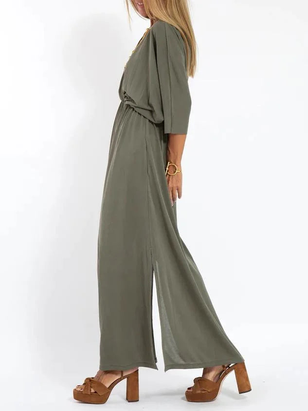 Lässiges, einfarbiges Damenkleid mit V-Ausschnitt und Schlitz