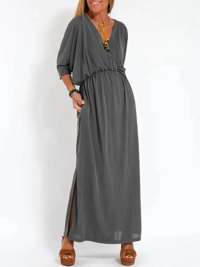 Lässiges, einfarbiges Damenkleid mit V-Ausschnitt und Schlitz