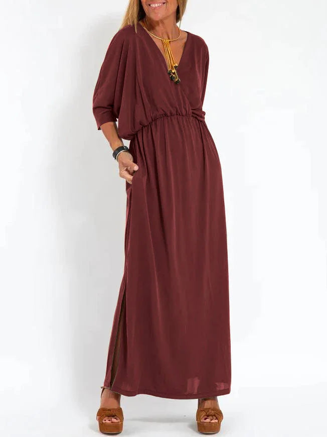 Lässiges, einfarbiges Damenkleid mit V-Ausschnitt und Schlitz