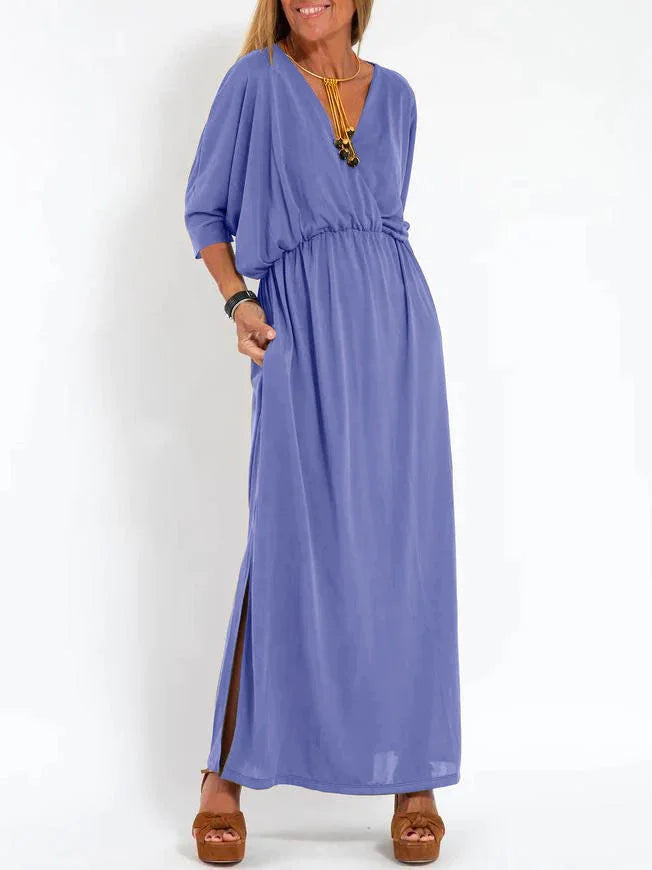 Lässiges, einfarbiges Damenkleid mit V-Ausschnitt und Schlitz
