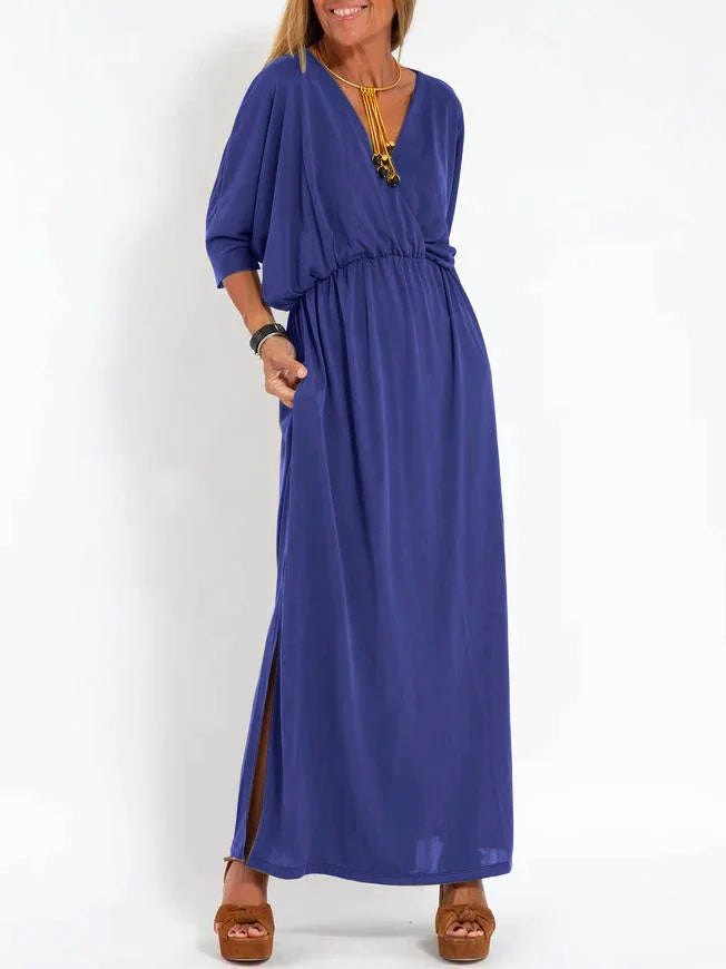Lässiges, einfarbiges Damenkleid mit V-Ausschnitt und Schlitz