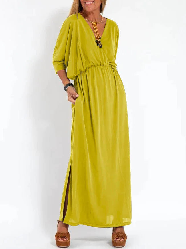 Lässiges, einfarbiges Damenkleid mit V-Ausschnitt und Schlitz