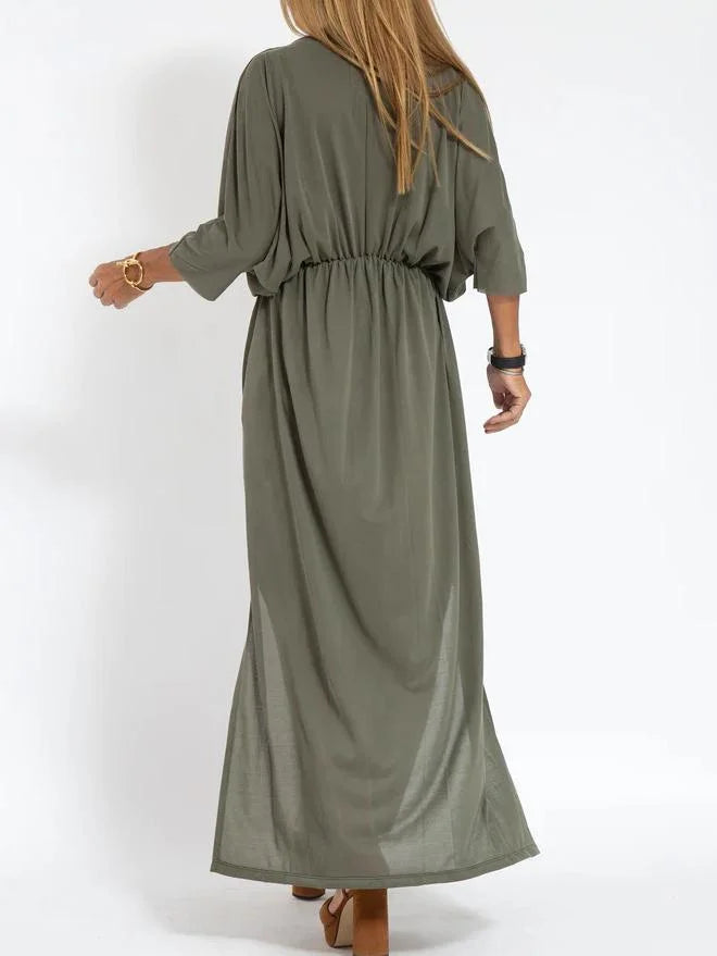 Lässiges, einfarbiges Damenkleid mit V-Ausschnitt und Schlitz