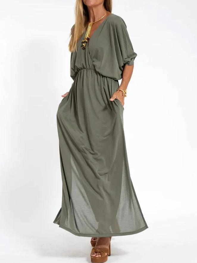 Lässiges, einfarbiges Damenkleid mit V-Ausschnitt und Schlitz