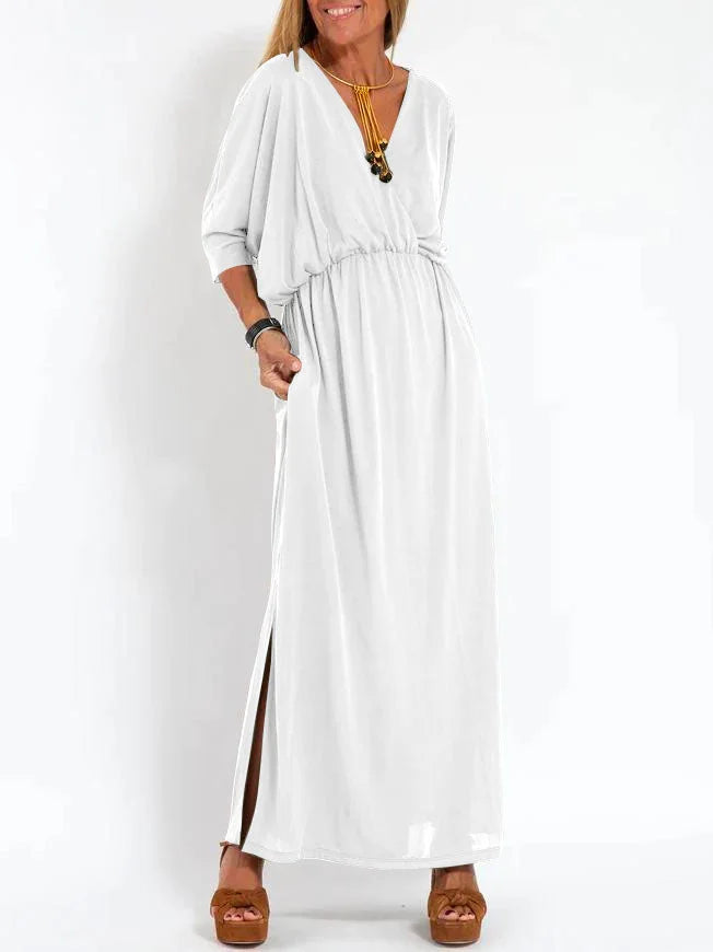 Lässiges, einfarbiges Damenkleid mit V-Ausschnitt und Schlitz