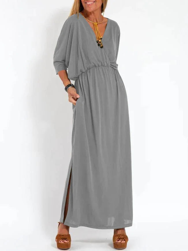 Lässiges, einfarbiges Damenkleid mit V-Ausschnitt und Schlitz